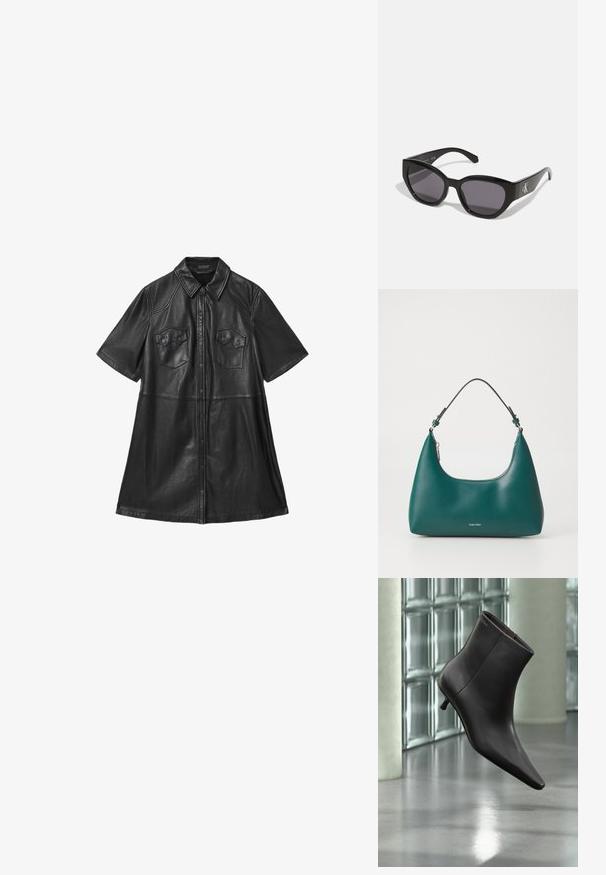Diseño de vestido camisero de cuero negro con mangas cortas, cuello con solapa, dos bolsillos en el pecho y cierre frontal con botones. Textura suave con costuras ajustadas.; Bota de cuero negro para el tobillo con puntera puntiaguda y tacón pequeño, exhibida frente a una pared de bloques de vidrio y un suelo pulido.; Gafas de sol negras con un diseño elegante y angular, lentes oscuros y un logo plateado en contraste en el lateral. Textura de plástico suave.; Bolso de mano en color teal con forma curva y una correa para el hombro, presentando un sutil logo de Calvin Klein en la parte frontal sobre un fondo blanco liso.