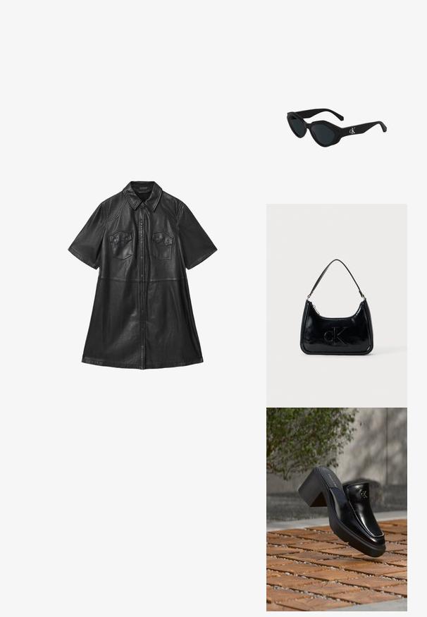 Sort læder skjortekjole med kortærmer, krave, to brystlommer og frontknaplukning. Glat tekstur med skræddersyede sømme.; Sort læder Calvin Klein slip-on mule med blokhæl, der hviler på trætøj udendørs nær en grøn plante og en grå væg.; Sorte katteøje solbriller med en glat finish, mørke linser og et "cK"-logo på stangen. Vinklet design og tykke stel.; Sort patentlæder håndtaske med et buet topgreb, lynlåsslukning og prægede "cK" logo på fronten. Glat tekstur, struktureret form.