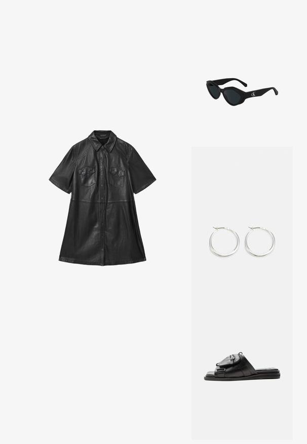 Zwarte leren shirtjurk met korte mouwen, kraag, twee borstzakken en een sluiting met knopen aan de voorkant. Soepele textuur met geknipte naden.; Zwarte leren slippers met gevoerde zool en vooraan ritsvak detail op het bandje.; Zwarte cat-eye zonnebril met een glanzende afwerking, donkere lenzen en een "cK" logo op de poot. Hoekig ontwerp en dikke monturen.; Zilveren hoop oorbellen hebben een glad, rond ontwerp met een dun profiel en een veilige sluiting. Minimalistische stijl met een gepolijste afwerking.