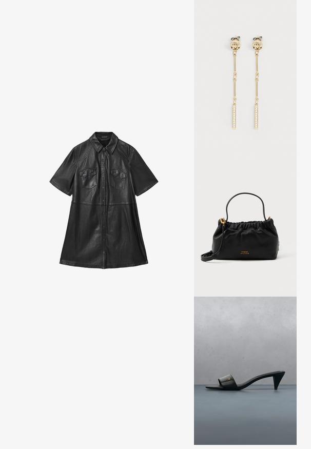Diseño de vestido camisero de cuero negro con mangas cortas, cuello con solapa, dos bolsillos en el pecho y cierre frontal con botones. Textura suave con costuras ajustadas.; Sandalia de tacón abierta de cuero negro con un logo dorado en la correa, flotando sobre una superficie exterior de baldosas con vegetación al fondo.; Bolso de piel negra con parte superior fruncida, una asa corta y una correa de hombro removible. Presenta un acento de logo dorado y una textura suave.; Pendientes de gota en tono dorado con piedras de strass transparentes incrustadas en una barra rectangular. El diseño incluye un eslabón de cadena y un respaldo de tuerca.