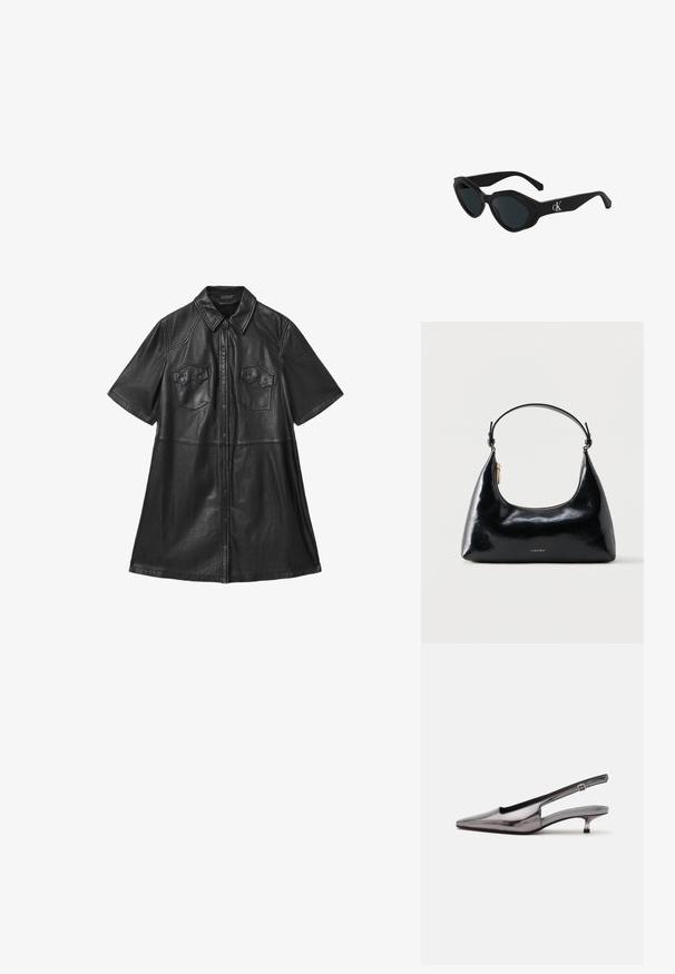 Zwarte leren shirtjurk met korte mouwen, kraag, twee borstzakken en een sluiting met knopen aan de voorkant. Soepele textuur met geknipte naden.; Metallic grijze slingback-schoen met spitse neus, lage kittenhak en verstelbare band op een witte achtergrond.; Zwarte cat-eye zonnebril met een glanzende afwerking, donkere lenzen en een "cK" logo op de poot. Hoekig ontwerp en dikke monturen.; Zwarte glanzende Calvin Klein handtas met gouden rits en korte band tegen een effen witte achtergrond.