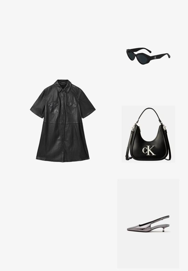 Diseño de vestido camisero de cuero negro con mangas cortas, cuello con solapa, dos bolsillos en el pecho y cierre frontal con botones. Textura suave con costuras ajustadas.; Zapato slingback gris metálico con punta puntiaguda, tacón bajo tipo kitten y correa ajustable sobre fondo blanco.; Gafas de sol negras con forma de ojo de gato, acabado brillante, lentes oscuros y un logo "cK" en la patilla. Diseño angular y montura gruesa.; Bolso de mano de cuero negro con logo plateado "cK" en el frente, con asa corta y correa de hombro ajustable más larga.