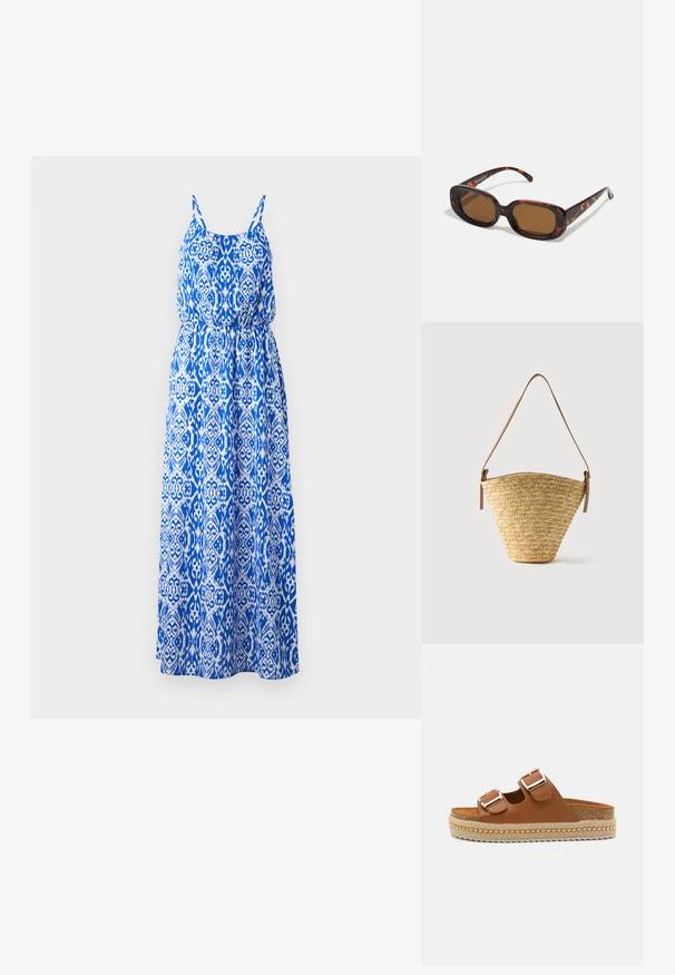 Vestido maxi con un intrincado patrón azul y blanco, diseño sin mangas, torso fruncido y falda acampanada. Hecho de tejido ligero.; Chanclas de cuero marrón con dos correas ajustables y hebillas doradas. Suela tipo plataforma con textura trenzada y pequeños acentos dorados.; Gafas de sol de carey con forma rectangular, lentes marrones, montura de plástico suave y varillas delgadas que presentan sutiles patrones tonales.; Bolso tipo cubo de paja tejido con base ancha, parte superior estrecha y correa de hombro ajustable de cuero marrón.