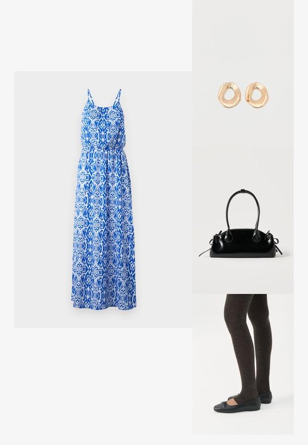 Vestido maxi con un intrincado patrón azul y blanco, diseño sin mangas, torso fruncido y falda acampanada. Hecho de tejido ligero.; Piernas con leggings oscuros acanalados combinados con bailarinas negras que presentan pequeños detalles de lazo sobre un fondo blanco.; Pequeño bolso negro brillante con dos asas largas y detalles de cordón lateral sobre un fondo claro liso.; Par de pendientes de aro de metal en tono dorado pulido, de forma irregular y con centro abierto, sobre un fondo blanco liso.
