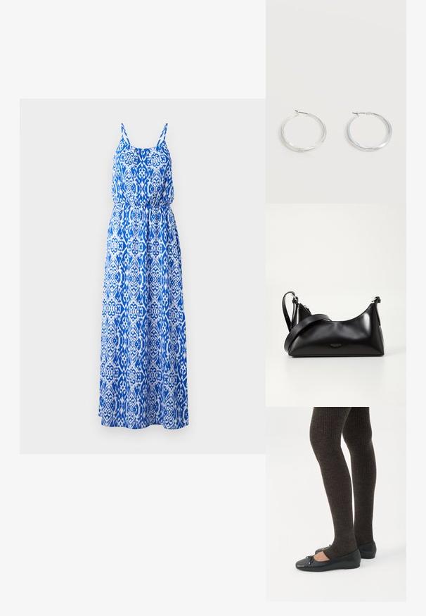 Robe maxi avec un motif élaboré bleu et blanc, design sans manches, corsage smocké et jupe évasée. Fabriquée en tissu léger.; Jambes portant des leggings côtelés foncés associés à des ballerines noires avec de petits détails en nœud sur fond blanc.; Sac à main en cuir noir avec une texture lisse. Dispose d'une bandoulière adjustable et d'un design élégant et minimaliste avec une fermeture éclair.; Boucles d’oreilles créoles en métal argenté avec une surface lisse légèrement incurvée et des fermoirs à clapet sur un fond blanc uni.