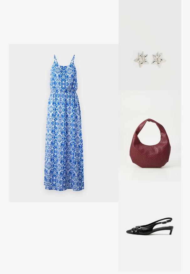 Vestido maxi con un intrincado patrón azul y blanco, diseño sin mangas, torso fruncido y falda acampanada. Hecho de tejido ligero.; Zapato slingback de cuero negro con punta puntiaguda, tres hebillas plateadas en la parte delantera y tacón bajo tipo «kitten» sobre fondo blanco.; Bolso de mano burdeos tejido con una silueta redondeada, un solo asa y un acabado texturizado. Cierre con cremallera en la parte superior.; Pendientes de aro plateados en forma de estrella con un acabado liso y pulido sobre un fondo blanco liso.