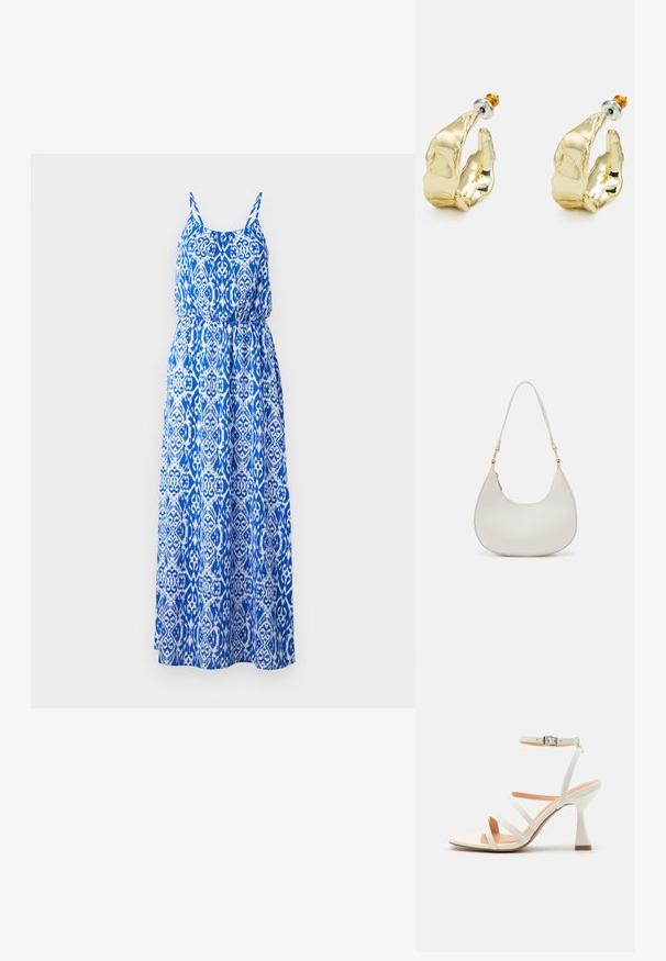 Maxi-jurk met een blauw-wit ingewikkeld patroon, zonder mouwen, met een smock-borstvoeding en een flared rok. Gemaakt van lichtgewicht stof.; Witte sandaal met hoge hakken en straps, met een enkelgesp, een gladde textuur, vierkante neus en een sculptuurhak. Lichtbeige binnenzool.; Crème leren schoudertas met een halve maan vorm, dunne schouderband en subtiele stiksels. Minimalistisch ontwerp met gouden hardware accenten.; Goudkleurige oorbellen in de vorm van abstracte handen, met een glanzend oppervlak, ingewikkelde details en een zilver- en goudkleurige post voor een veilige bevestiging.