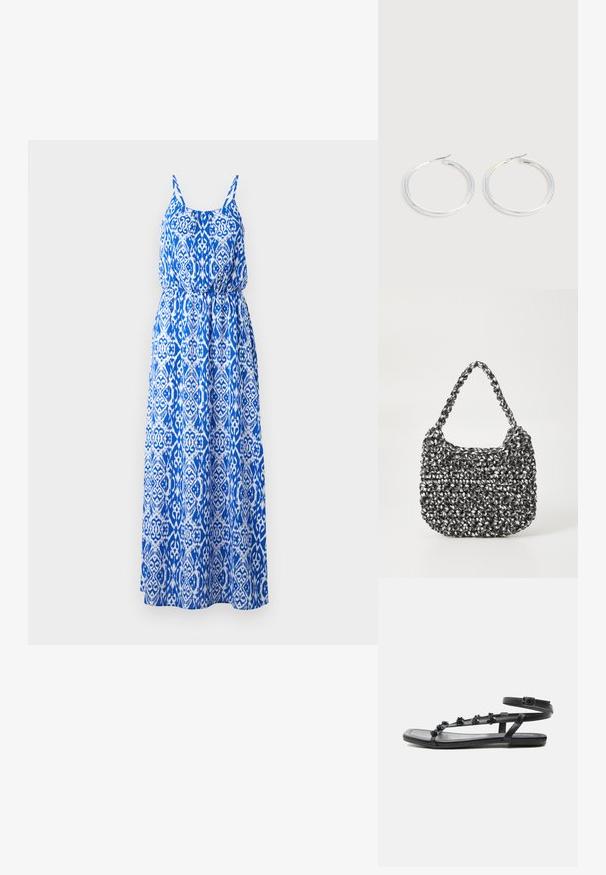 Robe maxi avec un motif élaboré bleu et blanc, design sans manches, corsage smocké et jupe évasée. Fabriquée en tissu léger.; Sandale plate noire avec bride à la cheville et petites décorations florales sur de fines brides devant, vue de côté sur fond blanc.; Sac en osier noir et blanc de forme arrondie, avec une surface texturée et une poignée tressée. Convient à un usage décontracté.; Paire de boucles d'oreilles créoles argentées brillantes avec fermoirs en fil fin, présentée sur un fond gris clair.