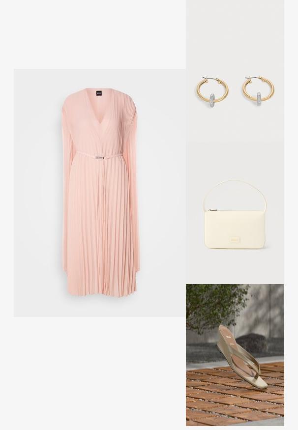 Plissé jurk van zachte roze stof met een diepe V-hals. Heeft lange mouwen en een cinched taille met een zilverkleurig riemdetail.; Beige leren teenslipper met BOSS-logo op de binnenzool, zwevend boven een houten terras met kleine grindsteentjes ertussen.; Roomkleurige rechthoekige handtas met een enkele draagband en een ritssluiting aan de bovenkant, met een klein ingegraveerd logoplacaat op de voorkant.; Paar goudkleurige creolen met kleine zilverkleurige lusdetail op elk, weergegeven tegen een lichtgrijze achtergrond.