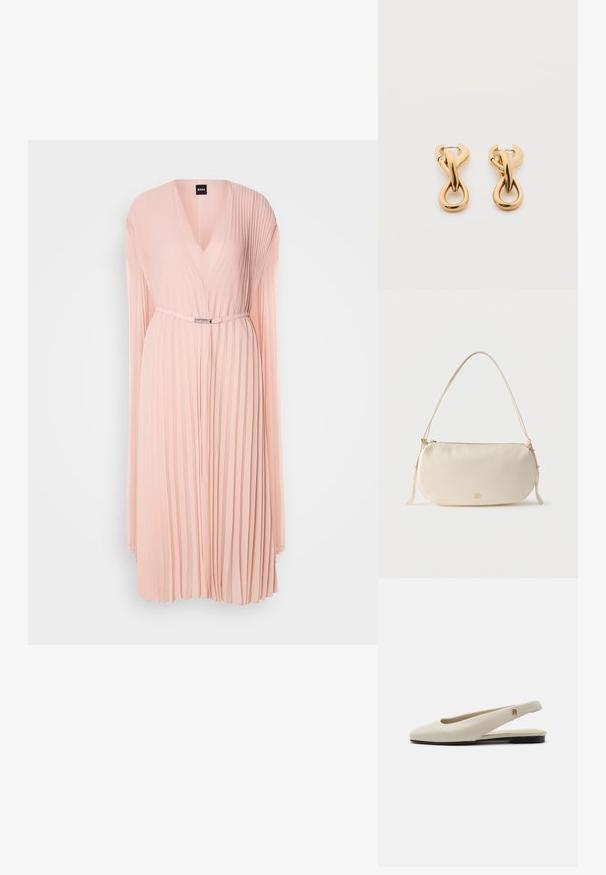 Faltenkleid aus weichem pinken Stoff mit tiefem V-Ausschnitt. Verfügt über lange Ärmel und eine taillierte Taille mit einem Gürteldetail in Silberfarbe.; cremefarbiger Lederslingback-Flachschuh mit rundem Zehenbereich und kleinem goldfarbenem Emblem am Riemen.; Klein cremefarbene Schultertasche mit einem einzelnen Riemen, Reißverschluss und dezentem goldfarbenem Markenlogo auf der Vorderseite.; Paar glänzende goldfarbene Creolen mit verschlungenem, verdrehtem Design auf schlichten weißem Hintergrund.