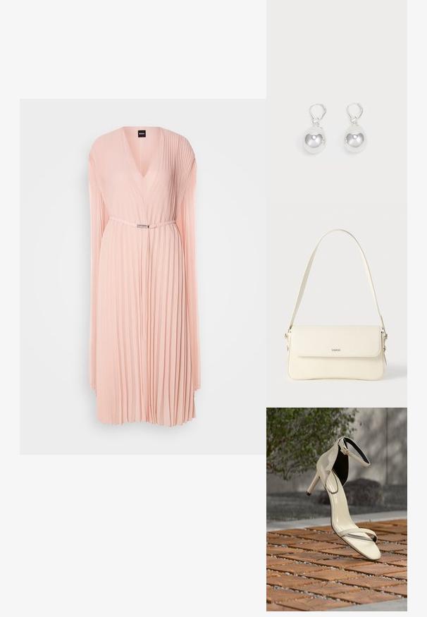 Faltenkleid aus weichem pinken Stoff mit tiefem V-Ausschnitt. Verfügt über lange Ärmel und eine taillierte Taille mit einem Gürteldetail in Silberfarbe.; Beige Sandale mit hohem Absatz und Knöchelriemen, die auf Holzlatten im Freien steht, mit unscharfem Grün und Beton im Hintergrund.; Schultertasche aus cremefarbenem Leder mit Klappverschluss, silbernen Beschlägen, einem verstellbaren Riemen und einem dezenten Logodetail.; Silberne Tropfenohrringe mit glatten, runden, reflektierenden Oberflächen, die an Hakenverschlüssen hängen. Der Hintergrund ist reinweiß.