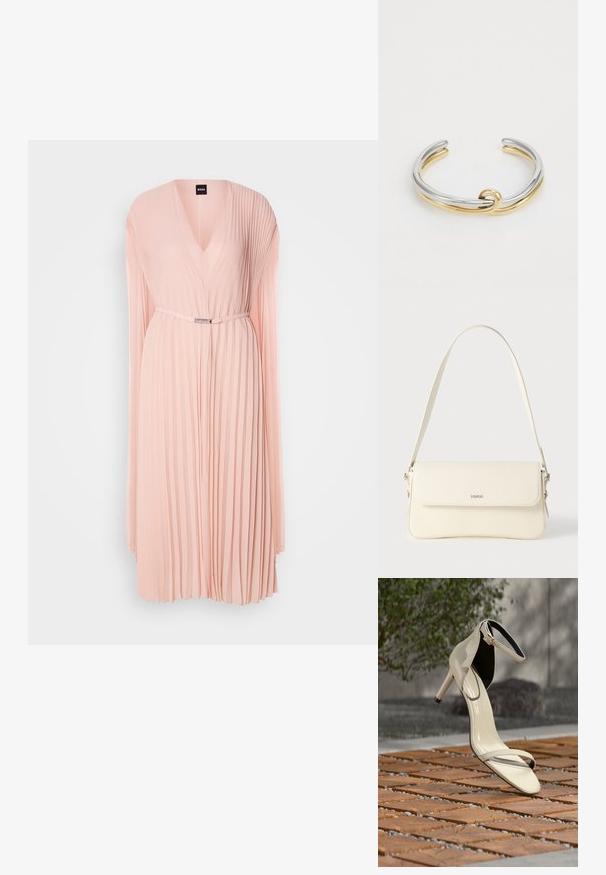 Plisseret kjole i blødt pink stof med en dyb V-udskæring. Har lange ærmer og en indsnævret talje med en detalje i sølvfarvet bælte.; Beige sandal med høj hæl og ankelrem stående på træsplinter udendørs, med sløret grønt område og betonbaggrund.; Cremefarvet læder skuldertaske med flaplukning, sølvfarvet beslag, en enkelt justerbar rem og diskrete logodetaljer.; Metal cuff armbånd med sammenflettede sølv- og guldstrimler med en glat, poleret overflade. Bemærkelsesværdig knude-detail i midten.