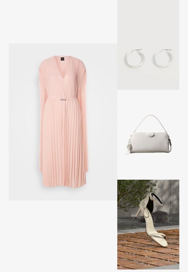 Plisseret kjole i blødt pink stof med en dyb V-udskæring. Har lange ærmer og en indsnævret talje med en detalje i sølvfarvet bælte.; Beige sandal med høj hæl og ankelrem stående på træsplinter udendørs, med sløret grønt område og betonbaggrund.; Hvid rektangulær Calvin Klein håndtaske med enkelt håndtag, minimalistisk design og dekorative kvaster med geometrisk metalvedhæng på siden.; Par mellemstore skinnende sølv hoops øreringe med tynde metal spænder på en lys neutral baggrund.