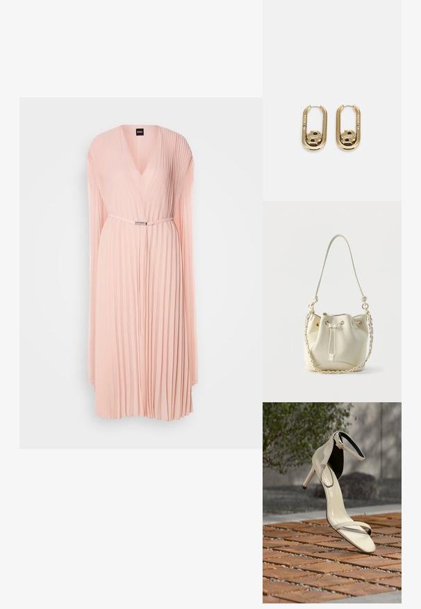 Plisseret kjole i blødt pink stof med en dyb V-udskæring. Har lange ærmer og en indsnævret talje med en detalje i sølvfarvet bælte.; Beige sandal med høj hæl og ankelrem stående på træsplinter udendørs, med sløret grønt område og betonbaggrund.; Hvid læder bucket-taske med snørelukning, flettet kæde og læder skulderrem samt guldfarvede øjer.; BOSS DOUBLE B SWING - Øreringe - gold-coloured