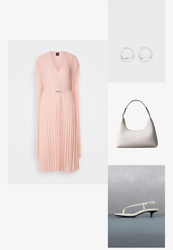 Faltenkleid aus weichem pinken Stoff mit tiefem V-Ausschnitt. Verfügt über lange Ärmel und eine taillierte Taille mit einem Gürteldetail in Silberfarbe.; Weiße Riemchenpantolette mit kitten heel und spitz zulaufender Zehenpartie, schwebt über einem Holzkachelboden im Freien mit verschwommenem Pflanzen- und Wandhintergrund.; Cremefarbene Calvin Klein Lederschultertasche mit gebogener Oberkante, silbernem Reißverschluss und dunkelbraunem verstellbarem Riemen.; Silberne Creolen mit glänzender Oberfläche und DKNY-Logo, vor einem schlichten weißen Hintergrund präsentiert.