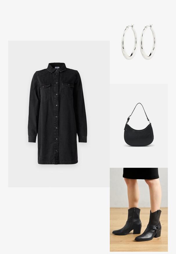 Schwarzes Denim-Hemdkleid mit Knopfverschluss, Kragen, langen Ärmeln und zwei Brusttaschen. Verfügt über ein schlichtes Design und strapazierfähiges Material.; Schwarze Leder-Stiefeletten mit spitzem Zehenbereich, Reißverschluss, geschwungenem Absatz und einem dekorativen Riemen mit metallischen Akzenten.; Schwarze Hobo-Tasche aus glattem Leder mit einer geschwungenen Silhouette, ausgestattet mit einem einzelnen verstellbaren Trageriemen und minimalistischem Design.; Silberne Creolen mit einer glatten, glänzenden Oberfläche. Kreisform, ausgestattet mit einem sicheren Verschluss. Einfaches und elegantes Design.