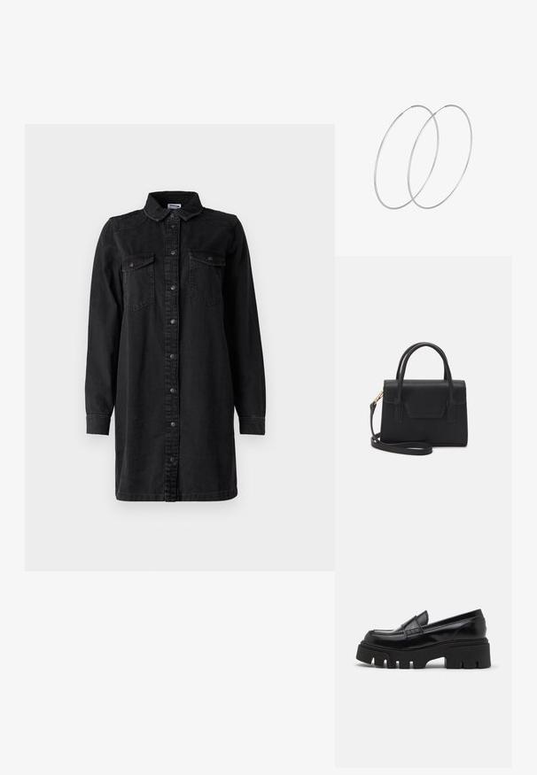 Sort denim skjortekjole med knaplukning foran, krave, lange ærmer og to brystlommer. Har et simpelt design og et robust materiale.; Sorte læder loafers med en chunky, tekstureret platformssål og en dekorativ rem over toppen. Glat, blank finish.; Sort struktureret håndtaske lavet af læder med et topgreb, aftagelig skulderrem og detalje med frontklap. Guldhardware accenter.; Sølvøreringe med et minimalistisk design. Cirkulær form, glat tekstur og tynd profil. Letvægtige med en poleret overflade.