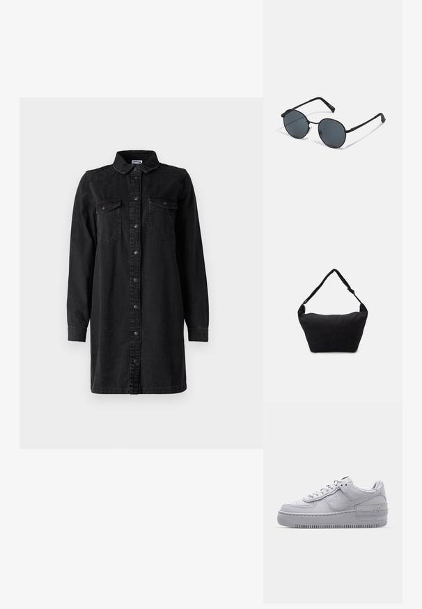 Sort denim skjortekjole med knaplukning foran, krave, lange ærmer og to brystlommer. Har et simpelt design og et robust materiale.; Grå Nike Air Force 1 sneakers med perforeret tå, glat læderoverdel, tyk sål og præget 'AIR' detalje på hælen.; Sorte metal solbriller med runde linser, mørkt tonede, slanke arme og justerbare næsepuder, der har et minimalistisk design uden synlig branding.; Sort stof skuldertaske med en blød tekstureret overflade, rund form og en enkelt rem. Minimalistisk design uden synligt hardware eller accenter.