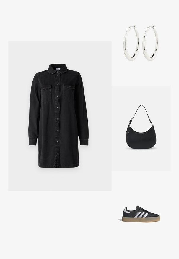 Vestido de camisa de mezclilla negra con cierre de botones en el frontal, cuello, mangas largas y dos bolsillos en el pecho. Presenta un diseño simple y un material resistente.; Zapatilla deportiva de cuero negro con tres rayas plateadas, punta texturizada y suela de goma. Cuenta con un collar acolchado y un diseño con cordones.; Bolso hobo negro hecho de cuero suave con una silueta curva, que cuenta con una sola correa ajustable y detalles de diseño minimalistas.; Pendientes de aro de plata con un acabado suave y brillante. Forma circular, con un cierre seguro. Diseño sencillo y elegante.