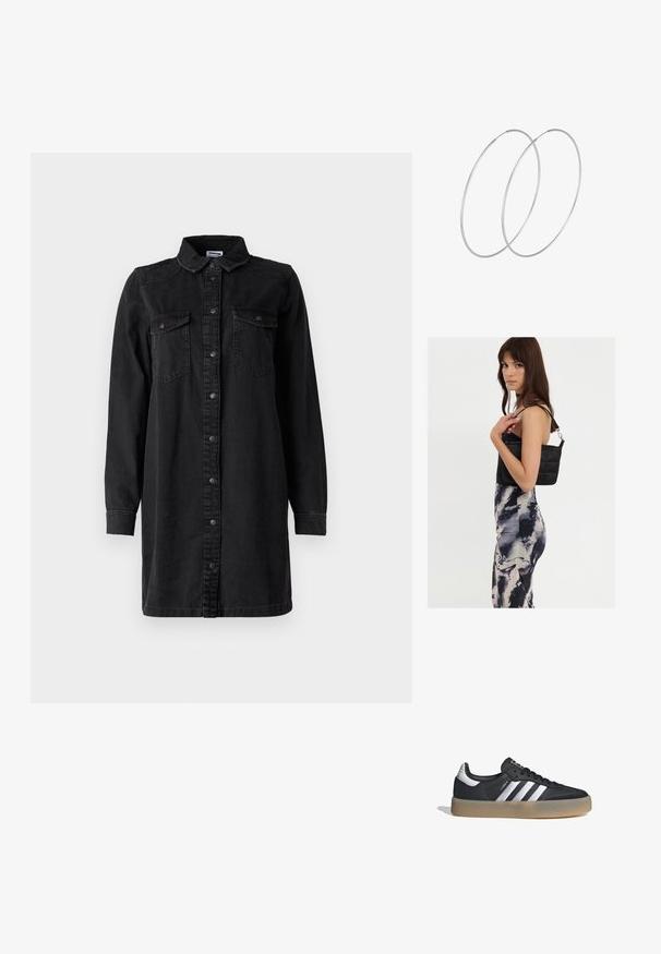 Vestido de camisa de mezclilla negra con cierre de botones en el frontal, cuello, mangas largas y dos bolsillos en el pecho. Presenta un diseño simple y un material resistente.; Zapatilla deportiva de cuero negro con tres rayas plateadas, punta texturizada y suela de goma. Cuenta con un collar acolchado y un diseño con cordones.; Bolso de hombro negro acolchado con una sola correa y herrajes plateados, combinado con un vestido ajustado de patrón tie-dye en tonos de negro y crema.; Pendientes de aro plateados con un diseño minimalista. Forma circular, textura suave y perfil delgado. Livianos con un acabado pulido.