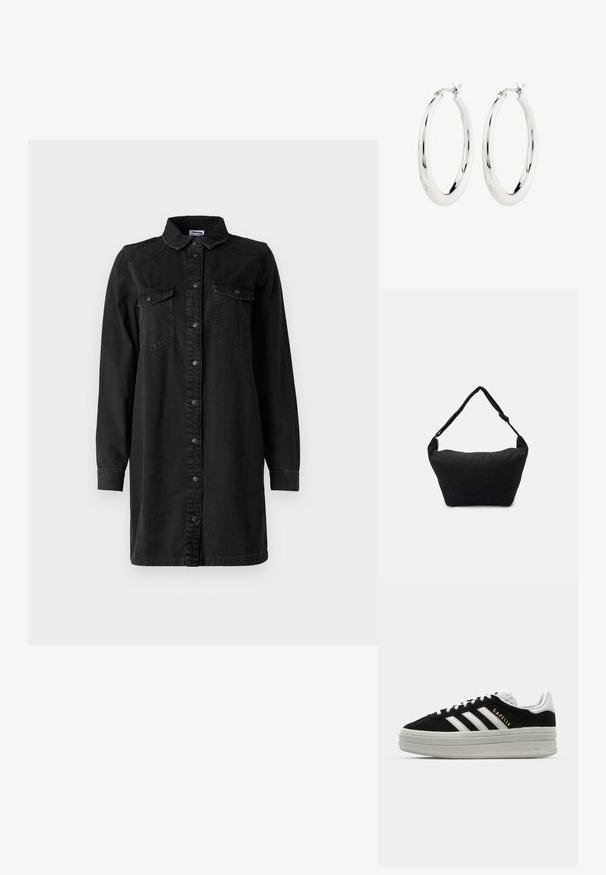 Vestido de camisa de mezclilla negra con cierre de botones en el frontal, cuello, mangas largas y dos bolsillos en el pecho. Presenta un diseño simple y un material resistente.; Zapatillas negras de ante con detalles en cuero blanco, tres rayas blancas, cordones planos y una gruesa suela de plataforma gris. Marca "Gazelle" en dorado.; Bolso de hombro de tela negro con una superficie suave y texturizada, forma redondeada y una sola correa. Diseño minimalista sin hardware ni acentos visibles.; Pendientes de aro de plata con un acabado suave y brillante. Forma circular, con un cierre seguro. Diseño sencillo y elegante.