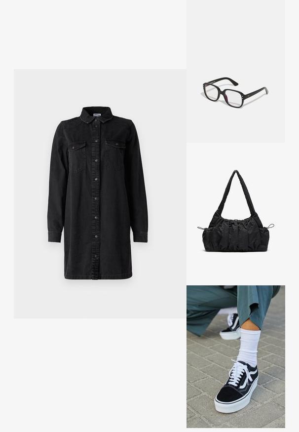 Sort denim skjortekjole med knaplukning foran, krave, lange ærmer og to brystlommer. Har et simpelt design og et robust materiale.; Sorte ruskinds sneakers med hvide accenter og snørebånd, der har en tyk hvid sål og kontrasterende syninger, parret med en hvid sok.; Sorte rektangulære briller med klare linser, der har afrundede kanter og sideaccenter, med en blank finish på stellet og arme.; Sort stof handbag med samlede strukturer, to skulderremme og snorelukning i siderne. Glat, let materiale.