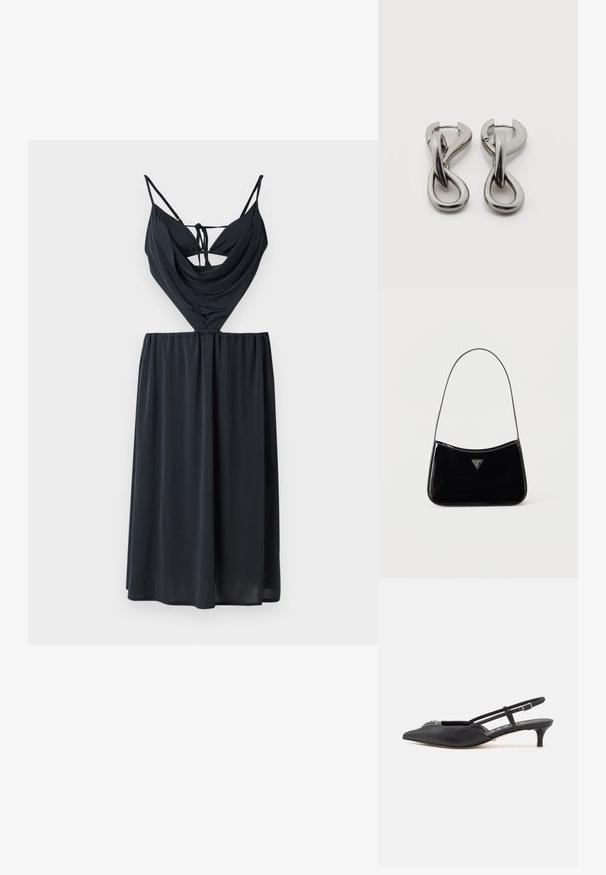 Zwarte mouwloze jurk met een gedrapeerde top met kruislings straps en een elastische tailleband, uitlopend in een rechte, middellange rok.; Zwarte slingback schoenen met een puntige neus, gemaakt van glad materiaal, met een kleine hak en een decoratieve zilverkleurige accent op de wreef.; Zwarte schoudertas van lakleer met een smalle band, driehoekig Guess-logo aan de voorkant en een ritssluiting bovenaan.; Set zilverkleurige metalen oorbellen met een abstract ontwerp van in elkaar grijpende lussen op een witte achtergrond.