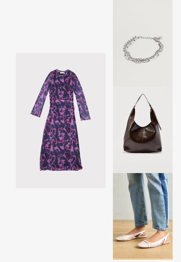 Robe à manches longues avec un motif abstrait violet et rose, présentant des côtés froncés et desOurlets festonnés, fabriquée en tissu léger et extensible.; Ballerines slingback rose pâle avec un bout pointu, fabriquées en un matériau semblable au cuir lisse. Présentent des découpes sur les côtés et un talon plat.; Sac à bandoulière en cuir marron foncé brillant avec une seule large sangle et un détail de boucle sur un côté, posé sur un fond clair uni.; Bracelet en argent présentant des motifs entrelacés de maillons ovales lisses et de petites perles rondes, avec un fermoir sécurisé et une chaîne ajustable.