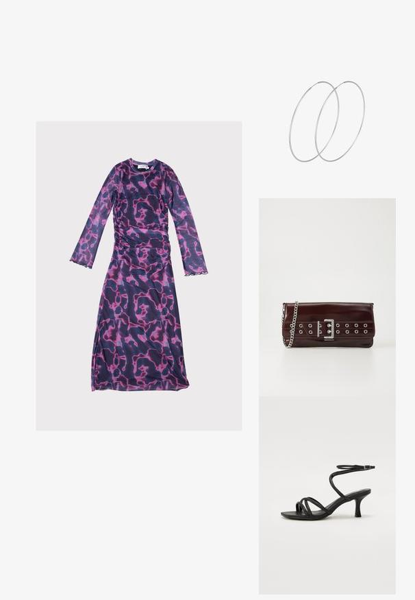 Robe à manches longues avec un motif abstrait violet et rose, présentant des côtés froncés et desOurlets festonnés, fabriquée en tissu léger et extensible.; Even&Odd Wide Fit Sandales - black; Pochette en simili cuir bourgogne avec une bandoulière en chaîne argentée, dotée d'un design de boucle et d'œillets en métal sur le devant pour plus de détails.; Boucles d'oreilles en argent au design minimaliste. Forme circulaire, texture lisse et profil fin. Légères avec une finition polie.