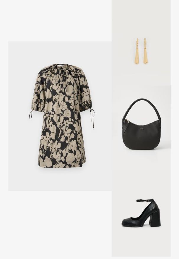 Robe à imprimé floral en noir et beige, confectionnée dans un tissu doux. Présente un décolleté froncé et des manches courtes ballon avec des liens.; Chaussure à talon haut en cuir noir avec bout arrondi et bride de cheville réglable avec boucle dorée sur fond uni clair.; Sac à main en cuir noir de forme arrondie avec une seule poignée supérieure. Présente une fermeture éclair et un logo doré discret à l'avant.; Boucles d'oreilles pendantes en ton or avec des pendentifs lisses en forme de goutte allongée suspendus à de petites attaches en forme d'anneau sur un fond blanc.