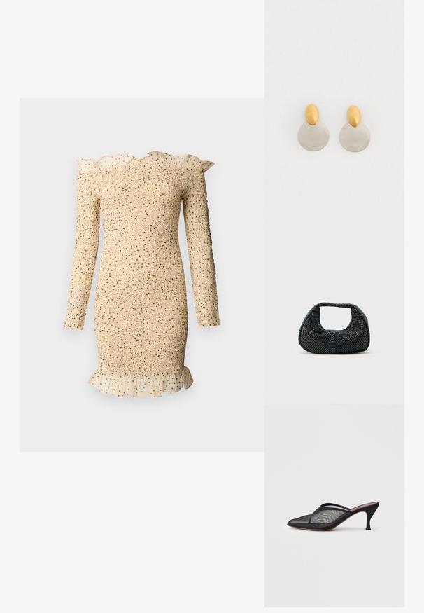 Beige textured long-sleeve dress with ruffled collar and hem, featuring a sheer polka dot overlay on ruffle details.; Black mesh mule with pointed toe, thin straps, and 3-inch stiletto heel. Features sheer texture and a solid tonal sole.; Black woven hobo bag with a soft structure and integrated handle, displayed on a plain light background.; Gold and silver metal earrings featuring a round disc base and an oval top piece, smooth texture, and polished finish.