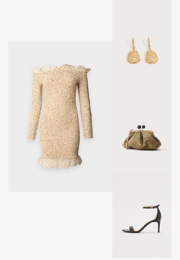 Beige textured long-sleeve dress with ruffled collar and hem, featuring a sheer polka dot overlay on ruffle details.; Black leather high-heeled sandal with an ankle strap. Features a smooth texture, open toe, and a thin heel. Gold-toned buckle detail.; Small clutch purse with gold and black geometric pattern, gold-tone metal frame, black ball clasp, and a short gold chain strap.; Pair of gold-tone drop earrings with intricate floral and swirl filigree design and small clear stones on lever-back clasps.