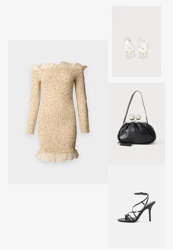 Robe longue à manches longues, beige texturée avec col et ourlet à volants, présentant une surcouche transparente à pois sur les détails à volants.; Sandale noire à talons hauts avec des brides fines, une boucle à la cheville, une surface en cuir lisse et un talon aiguille élancé.; Sac à main en cuir noir avec un design plissé, une sangle unique, un cadre métallique argenté et deux grandes fermoirs ronds en argent.; Boucles d'oreilles en résine transparente en forme de coquillage avec de petits accents dorés et trois breloques translucides en forme de goutte pendantes sur chaque boucle d'oreille.