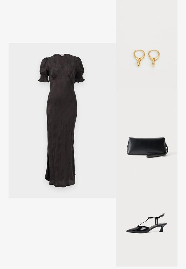 Schwarzes Kleid mit Wickeldesign, kurzen Puffärmeln und tailliertem Schnitt. Verfügt über einen strukturierten Stoff und einen seitlichen Schlitz für Bewegungsfreiheit.; Schwarzer Slipper aus Lackleder mit spitz zulaufender Kappe, T-Riemen und niedrigem, schrägem Blockabsatz vor weißem Hintergrund.; Schwarze, glatte Leder-Clutch mit schmalem Handgelenksriemen, rechteckiger Form und dezentem, geprägtem Logo mittig auf der Vorderseite.; Goldene Creolen mit einer glatten metallischen Oberfläche, die einen tropfenförmigen Anhänger von jeder Creole hängen haben. Einfaches Design mit glänzender Textur.