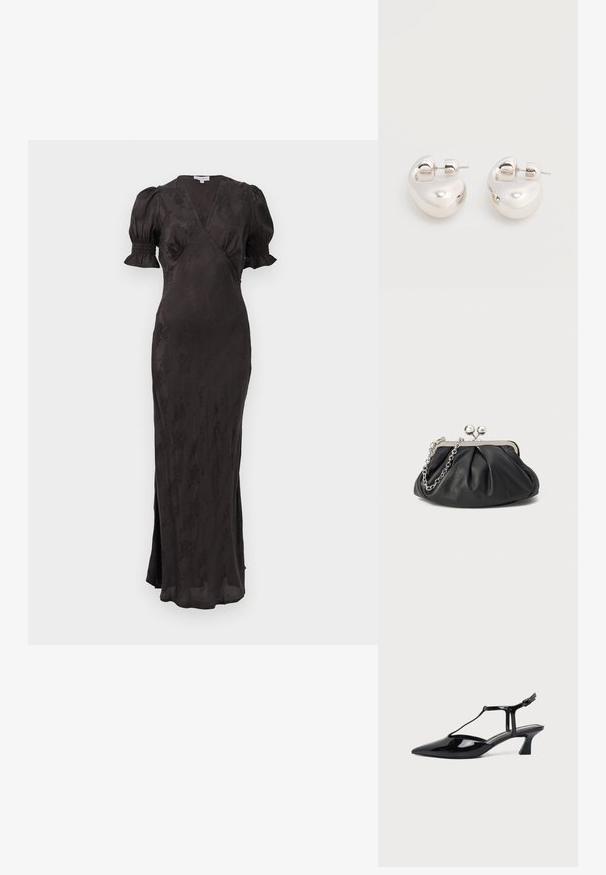 Vestido negro con diseño cruzado, mangas cortas abullonadas y silueta ajustada. Presenta una tela texturizada y una abertura lateral para mayor comodidad de movimiento.; Zapato slingback de cuero charol negro con punta fina, tira en T y tacón bajo en bloque inclinado sobre fondo blanco.; Clutch de cuero negro con textura arrugada, marco de metal en tono plateado, cierre de beso y cadena para colgar. Superficie suave y lisa.; Par de pendientes llamativos de aro grueso plateado brillante con cierre de poste sobre un fondo blanco liso.