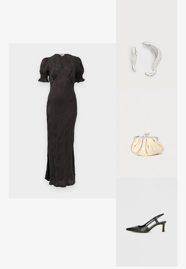 Vestido negro con diseño cruzado, mangas cortas abullonadas y silueta ajustada. Presenta una tela texturizada y una abertura lateral para mayor comodidad de movimiento.; Zapato slingback de cuero negro con punta afilada, con un acento brillante en la puntera y un tacón de altura media. Diseño con lateral abierto.; Clutch de cuero beige plisado con un marco de metal plateado, que cuenta con dos broches decorativos redondos y una correa de cadena plateada.; Dos pendientes de plata curvados, uno más grande que el otro, ambos adornados con pequeños cristales brillantes a lo largo de un borde.