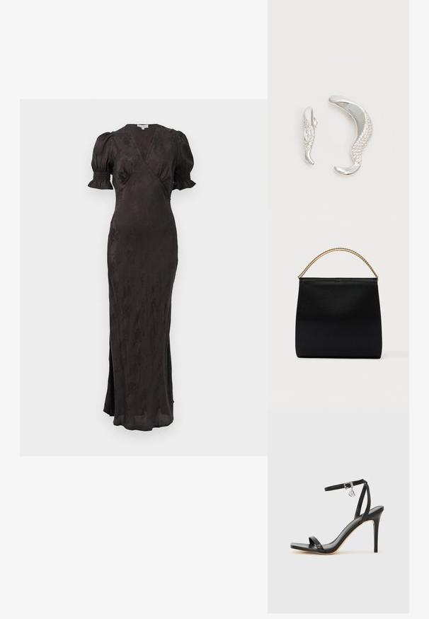 Zwarte jurk met een wikkeldesign, korte pofmouwen en een getailleerd silhouet. Beschikt over een textured stof en een zijsplit voor verhoogde bewegingsvrijheid.; Zwarte sandaal met hoge hak, smalle enkelband, vierkante neus, soepel leermateriaal en metalen gespsluiting.; Zwarte tas van gladde stof met een gestructureerde vorm, een handvat van gouden ketting en een minimalistisch geometrisch ontwerp.; Twee gebogen zilveren oorbellen, de één groter dan de ander, beide versierd met kleine fonkelende kristallen langs één rand.