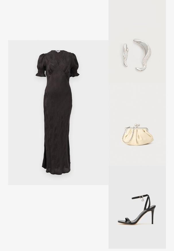 Zwarte jurk met een wikkeldesign, korte pofmouwen en een getailleerd silhouet. Beschikt over een textured stof en een zijsplit voor verhoogde bewegingsvrijheid.; Zwarte sandaal met hoge hak, smalle enkelband, vierkante neus, soepel leermateriaal en metalen gespsluiting.; Geplooide beige leren clutch met een zilveren metalen frame, voorzien van twee ronde decoratieve sluitingen en een zilveren kettingriem.; Twee gebogen zilveren oorbellen, de één groter dan de ander, beide versierd met kleine fonkelende kristallen langs één rand.