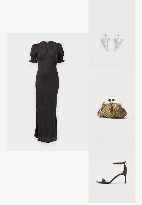 Vestido negro con diseño cruzado, mangas cortas abullonadas y silueta ajustada. Presenta una tela texturizada y una abertura lateral para mayor comodidad de movimiento.; Sándalo de tacón alto de piel negra con tiras en el tobillo. Presenta una textura suave, puntera abierta y un tacón delgado. Detalles de hebilla en tono dorado.; Pequeño bolso de mano con patrón geométrico en dorado y negro, marco metálico dorado, cierre de bola negro y una corta correa de cadena dorada.; Pendientes en forma de cuerno plateado, engastados con pequeñas piedras transparentes, que cuentan con un cierre trasero para su sujeción. Textura suave y acabado metálico.