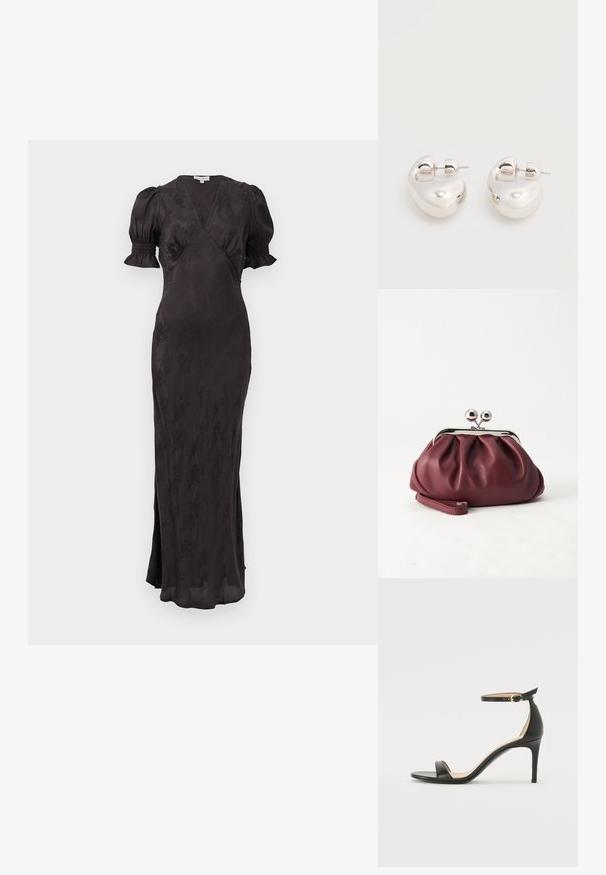 Schwarzes Kleid mit Wickeldesign, kurzen Puffärmeln und tailliertem Schnitt. Verfügt über einen strukturierten Stoff und einen seitlichen Schlitz für Bewegungsfreiheit.; Schwarze Leder-high-heeled Sandale mit Knöchelriemen. Verfügt über eine glatte Textur, offene Zehen und einen dünnen Absatz. Goldfarbener Schnallenakzent.; Kleine burgunderrote Lederclutch mit silbernem Metallverschluss und Handgelenksriemen auf weißem Hintergrund.; Paar glänzende silberne dicke Creolen mit Stecker-Verschlüssen auf weißem Hintergrund.