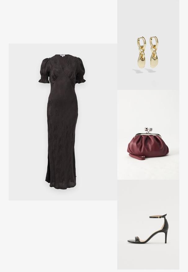 Vestido negro con diseño cruzado, mangas cortas abullonadas y silueta ajustada. Presenta una tela texturizada y una abertura lateral para mayor comodidad de movimiento.; Sándalo de tacón alto de piel negra con tiras en el tobillo. Presenta una textura suave, puntera abierta y un tacón delgado. Detalles de hebilla en tono dorado.; Pequeño bolso de mano de cuero burdeos con cierre metálico plateado y correa de muñeca sobre un fondo blanco.; Pendientes de aro dorados con un diseño enlazado y acentos en forma de lágrima suaves. El acabado reflectante realza el atractivo visual.