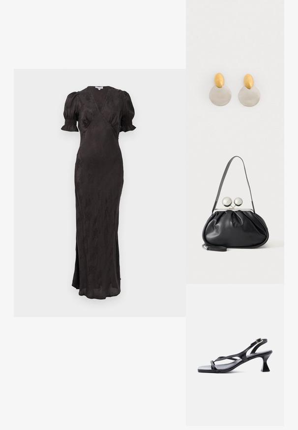 Vestido negro con diseño cruzado, mangas cortas abullonadas y silueta ajustada. Presenta una tela texturizada y una abertura lateral para mayor comodidad de movimiento.; Sandalia de mujer de cuero negro con tiras finas, punta cuadrada, hebilla ajustable en el tobillo y tacón acampanado de altura media.; Bolso de mano de cuero negro con diseño fruncido, una sola correa, marco metálico plateado y dos cierres grandes redondos de plata.; Pendientes de metal dorado y plateado con base de disco redondo y pieza superior ovalada, textura suave y acabado pulido.
