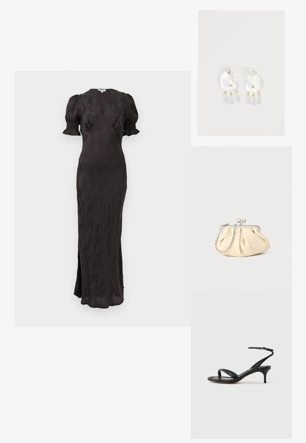 Schwarzes Kleid mit Wickeldesign, kurzen Puffärmeln und tailliertem Schnitt. Verfügt über einen strukturierten Stoff und einen seitlichen Schlitz für Bewegungsfreiheit.; Schwarze Ledersandale für Damen mit dünnen Riemchen, einer Zehenlasche, einer Knöchelschnalle und einem mittelhohen Stöckelabsatz vor neutralem Hintergrund.; Faltige beigefarbene Ledertasche mit einem silbernen Metallrahmen, ausgestattet mit zwei runden dekorativen Verschlüssen und einem silbernen Kettenriemen.; Klare Harz-Ohrringe in Muschelform mit kleinen goldenen Akzenten und drei hängenden durchsichtigen tropfenförmigen Anhängern an jedem Ohrring.