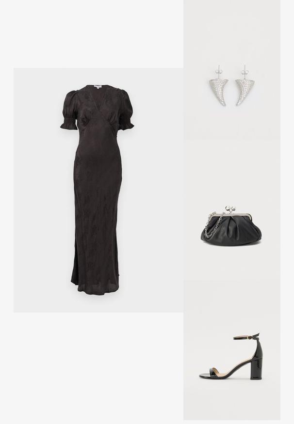 Schwarzes Kleid mit Wickeldesign, kurzen Puffärmeln und tailliertem Schnitt. Verfügt über einen strukturierten Stoff und einen seitlichen Schlitz für Bewegungsfreiheit.; Schwarze Lackleder-Sandalette mit hohem Absatz, Knöchelriemen und goldener Schnalle, offenem Zehenbereich und Blockabsatz auf weißem Hintergrund.; Schwarze Leder-Clutch mit geraffter Textur, silberfarbener Metallrahmen, Druckverschluss und Kettenriemen. Glatte, weiche Oberfläche.; Silberne, hornförmige Ohrringe, besetzt mit kleinen klaren Steinen, mit einem Steckverschluss zur Befestigung. Glatte Textur und metallisches Finish.
