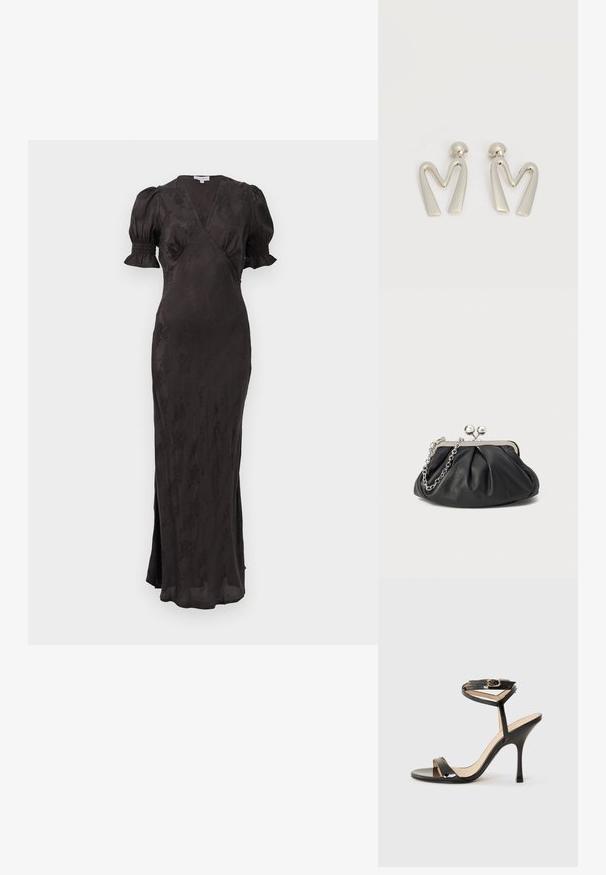 Vestido negro con diseño cruzado, mangas cortas abullonadas y silueta ajustada. Presenta una tela texturizada y una abertura lateral para mayor comodidad de movimiento.; Sandalia de tacón alto de charol negro con tira delgada en el tobillo y hebilla, punta abierta y tacón aguja esbelto sobre fondo blanco.; Clutch de cuero negro con textura arrugada, marco de metal en tono plateado, cierre de beso y cadena para colgar. Superficie suave y lisa.; Par de pendientes de metal plateado con forma de letra M angular y postes redondeados sobre un fondo blanco.