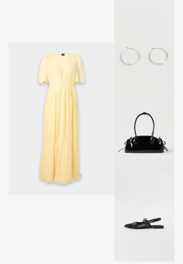 Robe longue plissée jaune pâle avec manches courtes, encolure en V, boutons recouverts de tissu sur le devant et taille cintrée.; Even&Odd Ballerines à brides arrière - black; Petit sac à main noir brillant avec deux longues anses et des détails à cordon sur les côtés sur un fond clair uni.; Boucles d’oreilles créoles en métal argenté avec une surface lisse légèrement incurvée et des fermoirs à clapet sur un fond blanc uni.