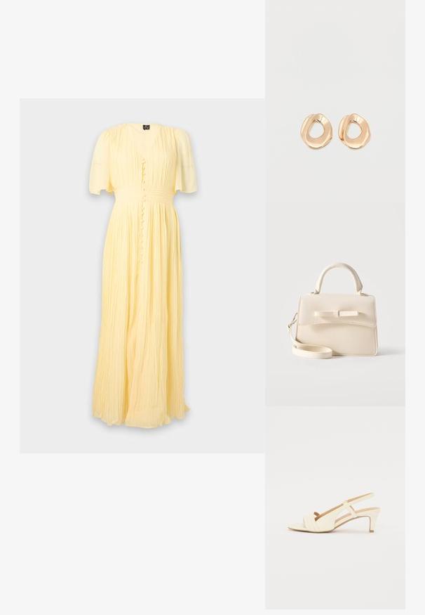 Robe longue plissée jaune pâle avec manches courtes, encolure en V, boutons recouverts de tissu sur le devant et taille cintrée.; Talons beiges à bride arrière avec un léger bout pointu et trois brides horizontales sur le devant. Dispose d'un talon de taille intermédiaire et d'une texture lisse.; Petit sac à main beige avec poignée supérieure, bandoulière amovible, rabat avant et nœud horizontal décoratif sur un fond uni.; Paired boucles d'oreilles en métal doré poli de forme irrégulière avec un centre ouvert sur un fond blanc uni.