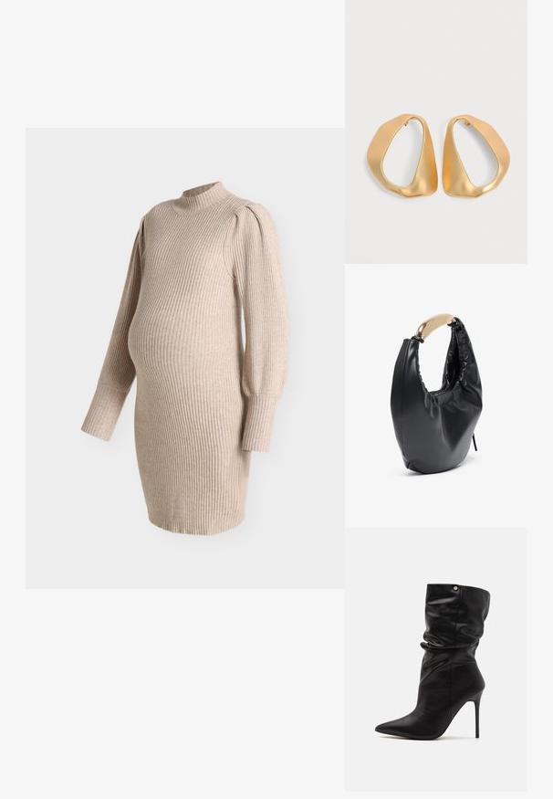 Robe de maternité en tricot côtelé beige avec manches ballon longues et col montant, conçue pour s'adapter à un ventre de grossesse.; Even&Odd Wide Fit by Zalando Bottines à talons hauts - black; Sac à main en simili cuir noir avec une silhouette courbée. Caractéristiques d'une poignée en métal doré brillant et d'une texture froncée le long de l'ouverture supérieure.; Paire de boucles d’oreilles créoles en or irrégulières et asymétriques avec une finition lisse et mate sur un fond neutre.