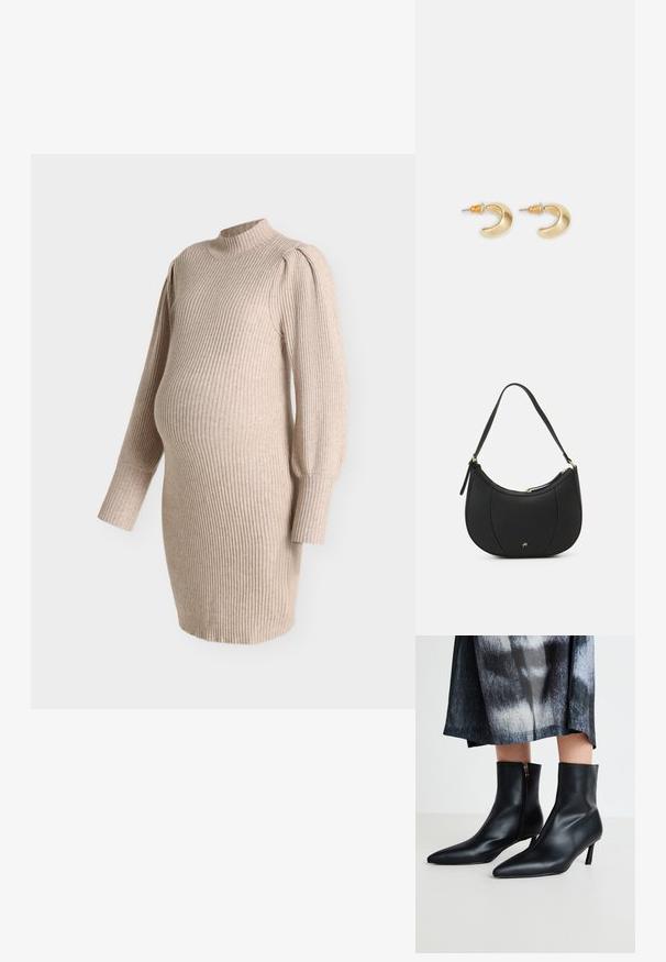 Robe de maternité en tricot côtelé beige avec manches ballon longues et col montant, conçue pour s'adapter à un ventre de grossesse.; Bottines en cuir noir à bout pointu et fermeture éclair sur le côté, avec un talon effilé. Texture lisse et design élégant.; Sac à main en cuir noir avec une forme courbée, surface texturée, coutures avant et un logo doré. Il est doté d'une seule sangle ajustable.; Boucles d'oreilles en forme de croissant en or avec une finition lisse, présentant des accents orange près du clou et un matériel en argent.