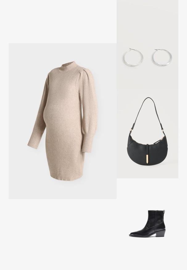 Robe de maternité en tricot côtelé beige avec manches ballon longues et col montant, conçue pour s'adapter à un ventre de grossesse.; Botte de cheville en cuir noir avec un bout pointu et un petit talon carré. Présente une fermeture éclair latérale et des détails de couture minimaux pour un design épuré.; Sac à main noir en forme de croissant avec une bandoulière unique, une fermeture éclair dorée et une languette décorative rectangulaire dorée à l'avant.; Boucles d’oreilles créoles en métal argenté avec une surface lisse légèrement incurvée et des fermoirs à clapet sur un fond blanc uni.